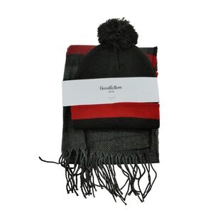Goodfellow Co Mens Knit Beanie Hat and Scarf Set‎ Black Red Stripe Pom Pom